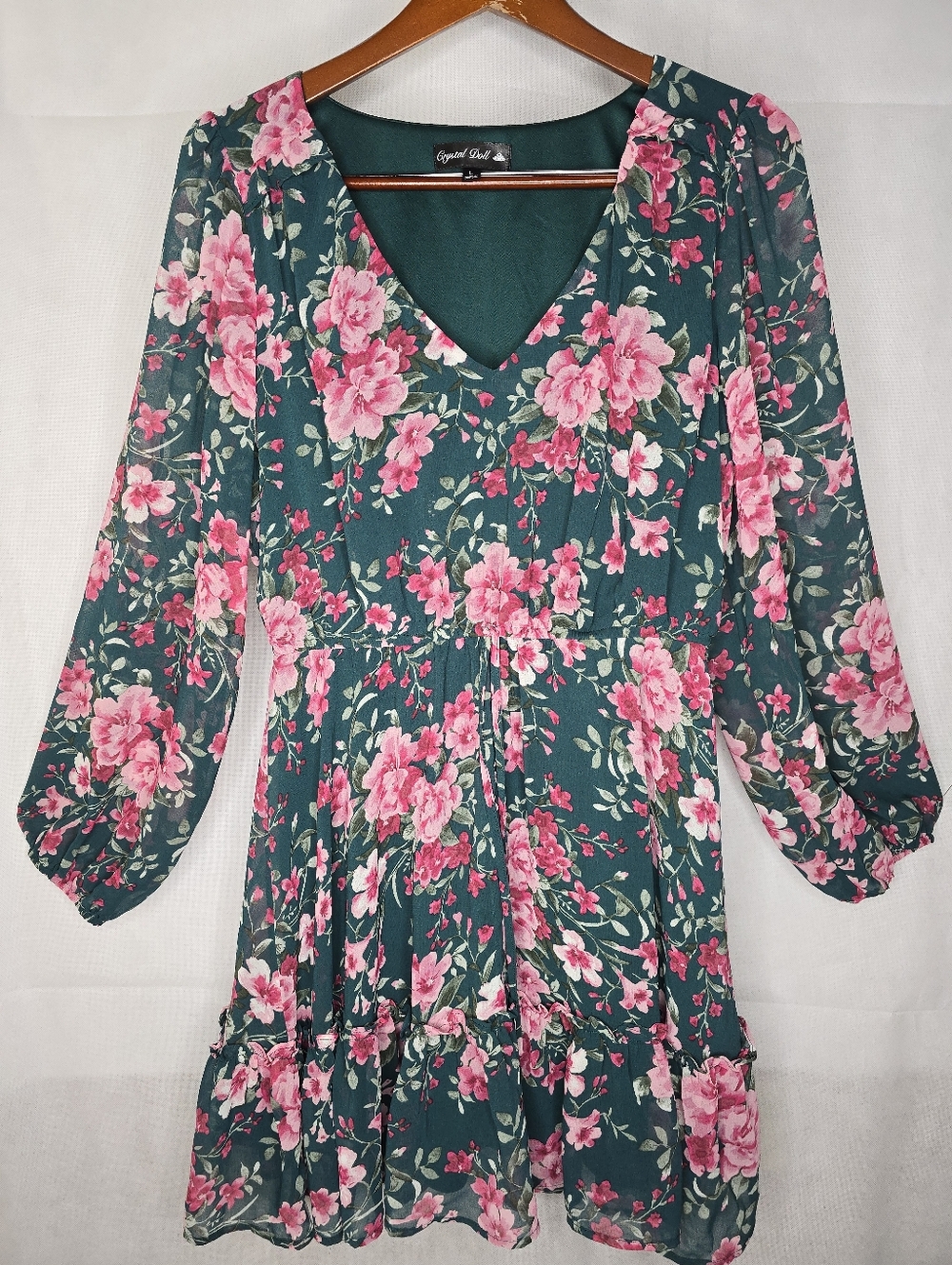 Crystal Doll Mini Dress Green Pink Floral V-neck Long Sleeve Ruffle Tie Waist L
